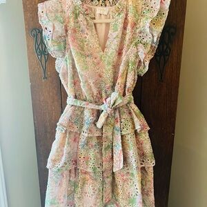 Fate Floral Eyelet Tiered Mini Dress in Pastel Multicolor Size Medium
